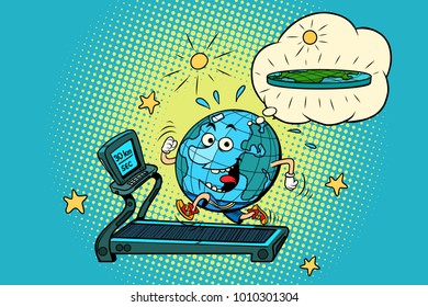 fun Fat Earth on the treadmill. Dream to lose weight. Sport fitness and healthy lifestyle. Sport fitness and healthy lifestyle. Comic book cartoon pop art retro drawing illustration