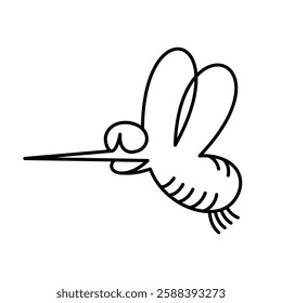 Fun fat flying mosquito in a goggles illustration. Cute insect with long nose line style symbol. Editable stroke.