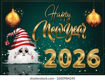A fun and festive 2026 Happy New Year card featuring a tiny Character surrounded by sparkling golden glitter and text on a green background.
