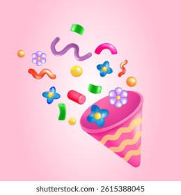 Fun, Festive 3d vector with colorful party popper, exploding plastic confetti , flowers and shapes on pink background. Suitable for birthday , holiday , event decoration and joyful creative projects.