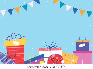 Fun and festive birthday background featuring colorful gift boxes, ribbons, and bunting flags on a light blue backdrop. Great for invitations, greeting cards, and celebration promotions.