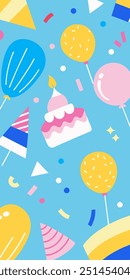 A fun and festive birthday party illustration featuring a birthday cake, balloons, and confetti. Perfect for adding a touch of joy and celebration to your designs.