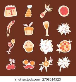 A fun and festive collection of New Year doodle stickers including fireworks, champagne, balloons, clocks, and party accessories. Perfect for holiday designs, invitations, and cheerful celebrations.