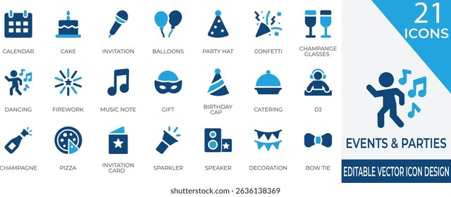 Fun and festive filled icon set perfect for parties, birthdays, and celebrations. Includes gifts, decorations, music, and everything needed for a lively event.