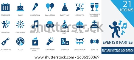 Fun and festive filled icon set perfect for parties, birthdays, and celebrations. Includes gifts, decorations, music, and everything needed for a lively event.