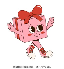 Fun and festive Groovy Christmas character. Retro cartoon style. Christmas gift box. Perfect for holiday designs, cards, stickers, and seasonal projects.