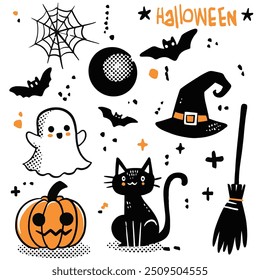 Fun and festive Halloween doodle featuring a ghost, black cat, pumpkin, bats, witch hat, broom, and cobweb in a playful style.
