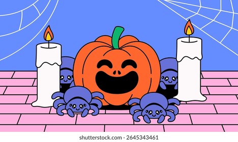 Divertido e festivo Halloween ilustração vetor com uma sorridente jack-o'-lanterna abóbora cercada por aranhas roxas felizes, velas brancas com chamas, e teias de aranha em desenho animado ilustração vetor