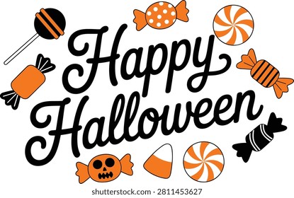 A fun and festive Happy Halloween greeting with black script lettering, adorned by assorted orange, black, and white candies and lollipops.