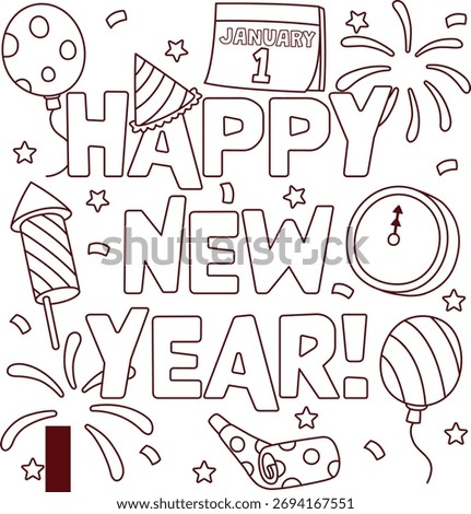 Fun and festive Happy New Year coloring page featuring fireworks, balloons, party hats, and a January 1 calendar. Perfect printable coloring sheet for kids and adults to celebrate the new year