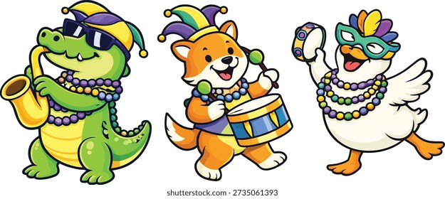 A fun and festive illustration featuring a alligator, fox, and duck dressed for Mardi Gras, playing musical instruments and dancing, perfect for event promotion and joyful celebrations.