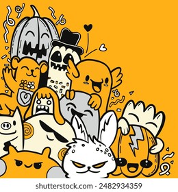 A fun and festive illustration of Halloween-themed doodle characters in various colors set against a vibrant yellow background.
