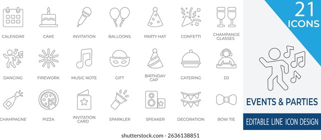 Fun and festive line icon set perfect for parties, birthdays, and celebrations. Includes gifts, decorations, music, and everything needed for a lively event.