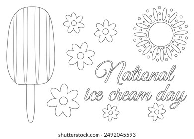 Fun and festive National Ice Cream Day coloring page featuring a popsicle and decorative elements. Perfect for kids and summer activities.