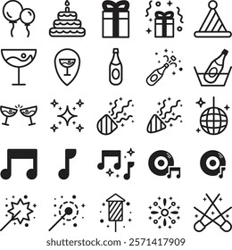 Fun and festive party icons with cute confetti and sparkles