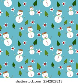 A fun and festive seamless pattern featuring snowmen, Christmas trees, and stars on a cheerful blue background, perfect for holiday wrapping paper, fabric, and seasonal designs.