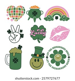 Fun and Festive St. Patrick's Day Icons with a Heart and Checkerboard, Beer Mug, Lips, and a Smily Face Wearing Top Hat