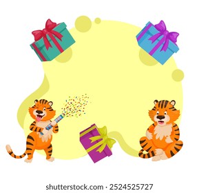 Fun and festive vector frame featuring playful cartoon tigers and gift boxes. Ideal for children’s birthday invitations and celebration banners.
