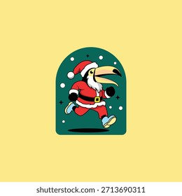 A fun and festive vector illustration of a toucan dressed as Santa Claus, running joyfully through the snow.