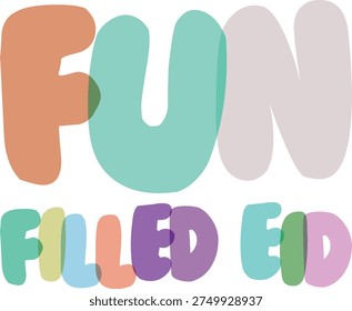 Fun filled Eid written in colorful alphabet letters. Joyous, cheerful text for holiday celebration. Festive word design element on transparent background.