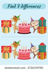 Divertido encontrar las diferencias de la actividad de cumpleaños para los niños con Imágenes vibrantes con animales de pastel sombreros de fiesta y regalos para el aprendizaje lúdico