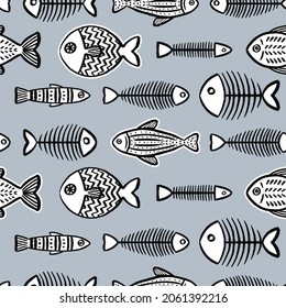 Fun fish bones pattern in black and white line drawing and grey blue background. Vector art print design illustration. Great for kids and fun home decor projects. Surface pattern design.