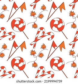 fun flags, autumn star garland, candy cane and sweet lollipop. vector seamless pattern. festive sweet pattern for design, print, textile, packaging