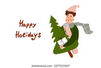 Fun flat cartoon man holding presents for his family and a new year tree. Vector illustration on white background.