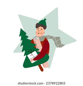 Fun flat cartoon man holding presents for his family and a new year tree. Vector illustration on white background.