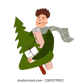 Fun flat cartoon man holding presents for his family and a new year tree. Vector illustration on white background.