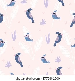 A fun flat cartoon pattern with birds, large leaves and decorative elements. Design in the Scandinavian style in purple and pink. Idea for Wallpaper, wrapping paper, textiles, etc.