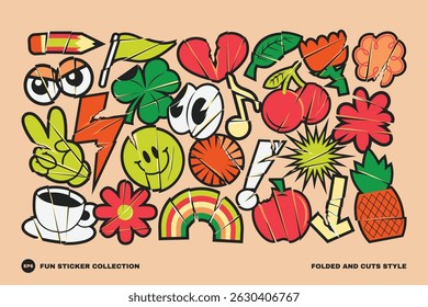 Fun flat cartoon stickers collection with torn and folded style