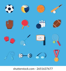A fun flat design collection of sports equipment and gear for various games and exercises. Perfect for infographics, posters, or activity-themed visuals.

