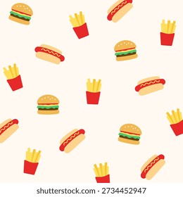 Fun flat fast food pattern with burgers, fries, and hotdogs arranged on a light yellow background. Great for casual food posters, snack packaging, wallpapers, and cheerful marketing visuals.