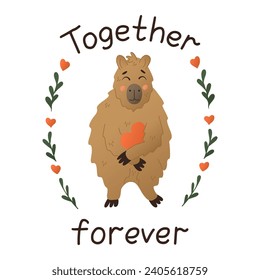 Fun flat hand drawn capybara with love lettering. St Valentines day concept. Cute flat animal character with heart and floral elements