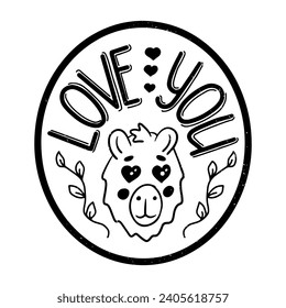 Fun flat hand drawn grunge capybara sticker. St Valentines day concept. Cute flat animal character with floral elements and lettering