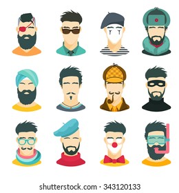 Fun flat icons collection of various men with stylish haircuts and beards. Modern design vector illustration set. Isolated on white background.