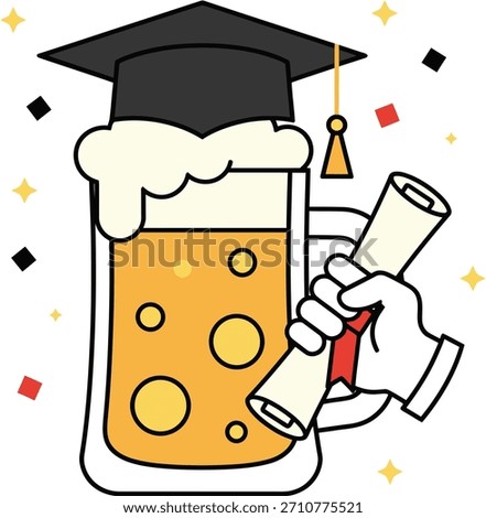 Fun, flat vector illustration of a beer mug wearing a graduation cap, with a hand holding a diploma. Humorous graphic for post-graduation party invitations, celebration icons, or college finished merc