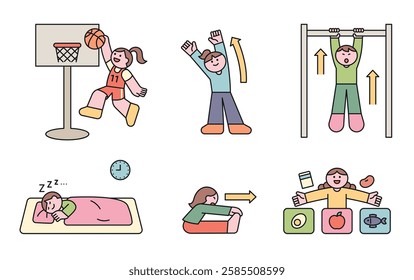 A fun flat vector illustration depicting healthy lifestyle habits for children, including sports, exercise, proper sleep, and balanced nutrition.