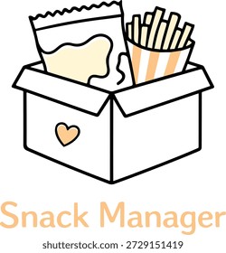 Fun flat vector illustration showing a snack box with “Snack Manager” text. Ideal for playful motherhood concepts, parenting humor designs, and printable lifestyle graphics.