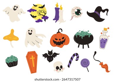 Fun flat vector set of cute Halloween icons including smiling ghosts, pumpkins, candy, bats, witch hat, skull, magic potions, and spooky elements. Ideal for Halloween party graphics and seasonal decor