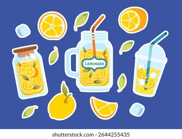 Fun flat vector set of lemonade stickers with jars, cups, lemons, ice and leaves. Ideal for summer designs, stickers, packaging, labels, menu design, prints, social media and web.