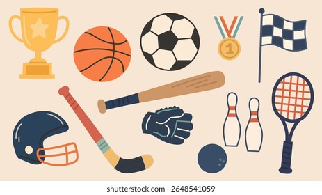 A fun flat-style collection of sports equipment icons with cozy hand-drawn lines, including balls, bats, helmets, medals, and more. Perfect for kids, games, and sport-themed designs.