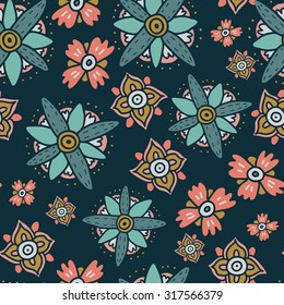 Fun floral autumn background. Seamless vector pattern. Dark back.