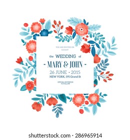 Fun Flowers wedding invitation. Vector illustration