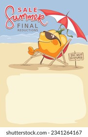Fun flyer for final summer sale. Vector illustration, cartoon pumpkin is sunbathing on the beach under an umbrella.	