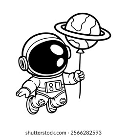 fun flying astronaut hold planet balloon cartoon character isolated drawing line art style sketch classic vintage design illustration