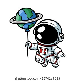 fun flying astronaut hold planet balloon cartoon colored character isolated drawing line art style sketch classic vintage design illustration