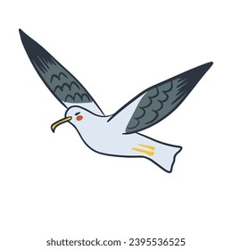 Fun flying hand drawn seagull in cartoon style. Sea bird in kawaii style. Summer holiday concept character. Ideal for sea style decoration, sticker