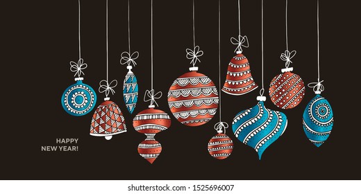 Fun foil colors hand drawn xmas baubles for card, header, invitation, poster, social media, post publication. Christmas and New year decoration element. 